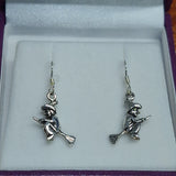 Boxed Pair Flying Witch on Broomstick 925 Silver Earrings