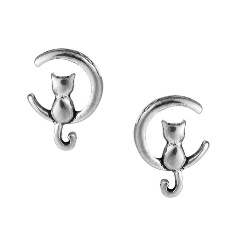 Cat in Crescent Moon Studs 925 Sterling Silver Stud Earrings