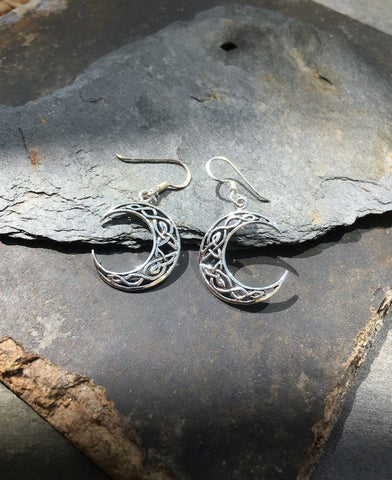 Celtic Crescent Moon Sterling Silver Pair of Hook Earrings