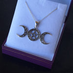 Celtic Triple Moon Pentagram Pendant on Silver Necklace Boxed