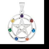 Chakra Pentagram Pendant Seven CZ Crystals on Silver Necklace