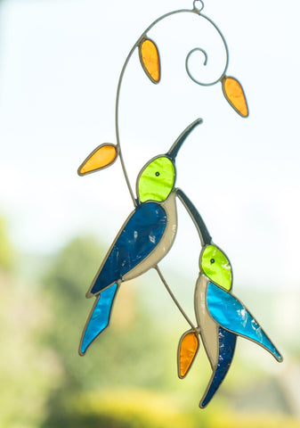 Two Hummingbirds On Branch Resin Suncatcher
