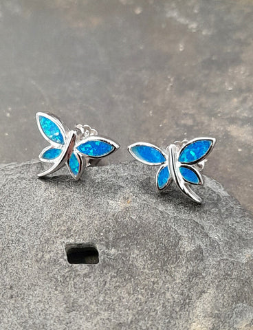 Dragonfly Pair Blue Opal 925 Sterling Silver Stud Earrings
