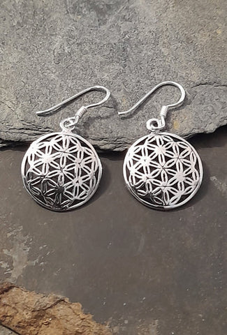 Flower of Life Circle Sterling Silver Hook Earrings Blue Lily Jewellery