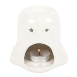 Back of Ceramic Ghost Shaped Oil Warmer Burner with Orange Pumpkin