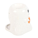 Side of Ceramic Ghost Shaped Oil Warmer Burner with Orange Pumpkin