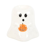 Ceramic Ghost Shaped Oil Warmer Burner with Orange Pumpkin front