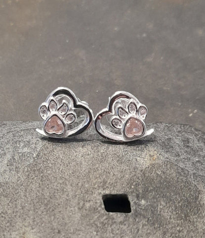 Paw with Heart and Pink CZ Crystal Sterling Silver Stud Earrings