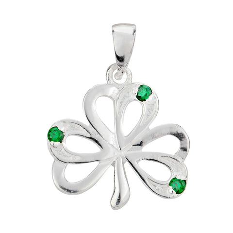 Shamrock Pendant Green Crystals Silver Chain Necklace