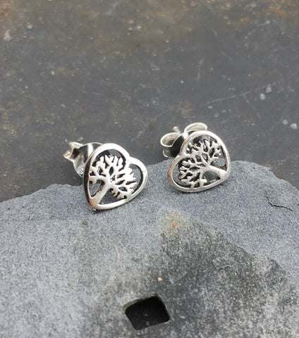 Tree of Life in Heart Sterling Silver Pair Stud Earrings Blue Lily
