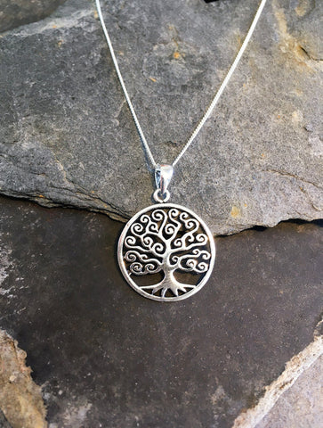 Tree of Life Sterling Silver Pendant on 18" Chain Necklace Blue Lily
