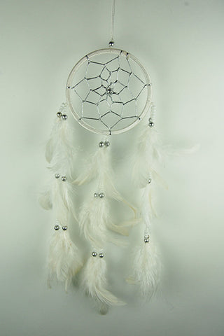 White and Silver Circle Dreamcatcher with Feathers and Beads