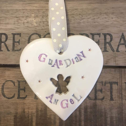 Guardian Angel Ceramic Heart with Hanging Ribbon