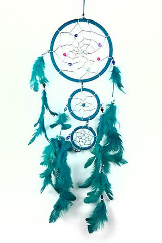 Turquoise Triple Circle Dreamcatcher with Beads and Feathers