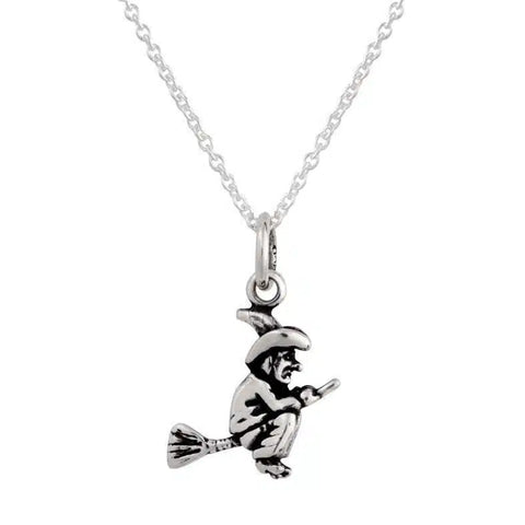 Flying Witch on Broom Pendant on Silver Chain Necklace