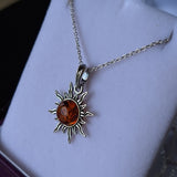 Amber Sun Sterling Silver Pendant on 18" Chain Necklace Side on Boxed