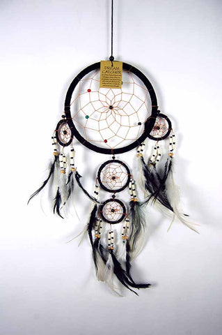 Black Dreamcatcher 4 Circles and feathers 16cm 73654