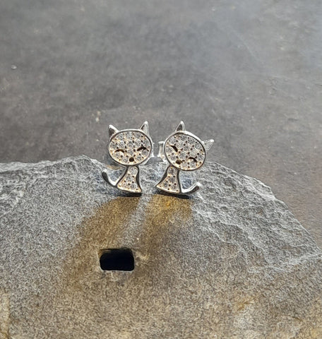 Cat with Clear CZ Stones Sterling Silver Stud Earrings