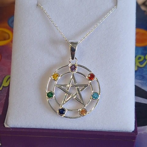 Boxed Chakra Pentagram Pendant Seven CZ Crystals on Silver Necklace
