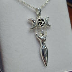Side on Goddess Triple Moon Pentagram Pendant on Silver Necklace