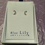 Moon and CZ Coloured Stones Studs Silver Stud Earrings Boxed Blue Lily