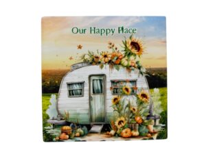 Caravan Happy Place with Flowers Ceramic Coaster The Milford Collection