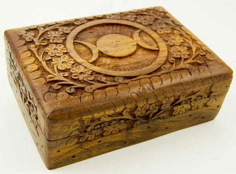 Carved Wooden Pagan Triple Moon Tarot Storage Box