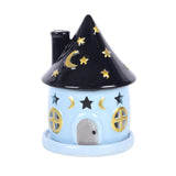 Front of Celestial Cottage Ceramic Incense Cone Burner Holder with gold moon and stars