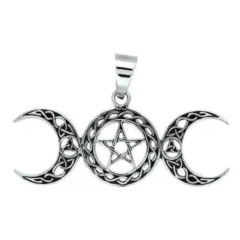 Celtic Triple Moon Pentagram Pendant on Silver Necklace