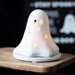 Ceramic Ghost showing lit Tealight and or Incense Cone Holder