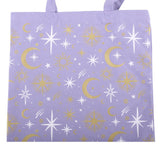 Close up Celestial Moon and Stars Purple Print Tote Bag
