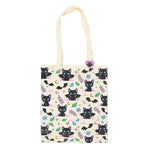Front of Cute and Creepy Bat Cat Tote Bag with Purple Heart Enamel Pin