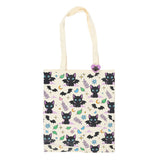 Front of Cute and Creepy Bat Cat Tote Bag with Purple Heart Enamel Pin