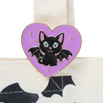 Cute and Creepy Bat Cat Tote Bag with Purple Heart Enamel Pin Badge