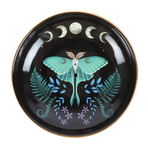 Forest Luna Moth Ceramic Plate Incense Holder Moon Phases