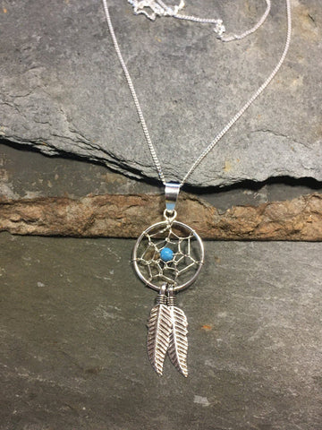 Dreamcatcher with Feathers Sterling Silver Pendant on 18" Chain Necklace Blue Lily