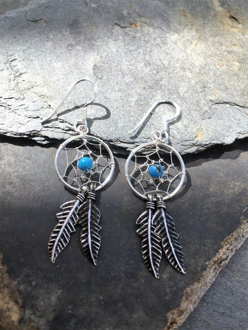 Dreamcatcher Hook Earrings on Feathers .925 Sterling Silver Blue Lily