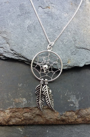 Dreamcatcher with Feathers Sterling Silver Pendant on 18" Chain Necklace