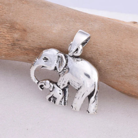 Mother and Baby Elephant Sterling Silver Pendant on 18" Chain Necklace