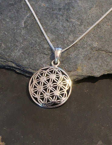 Flower of Life Sterling Silver Pendant on 18" Chain Necklace Blue Lily