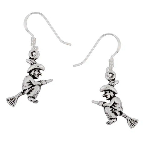 Flying Witch on Broomstick 925 Silver Hook Earrings Pair of Witches