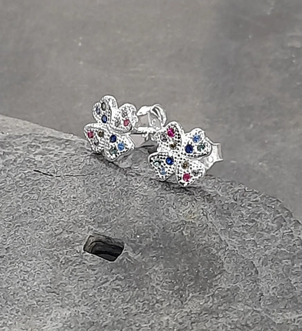 Four Leaf Cover CZ Sterling Silver Stud Earrings