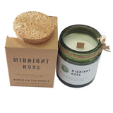 Greenman Midnight Rose Soy Wax Woodwick Green Glass Jar Candle showing the wick