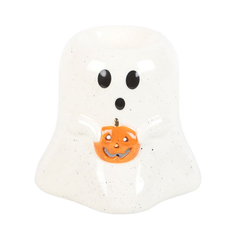 Ceramic Ghost Shaped Oil Warmer Burner with Orange Pumpkin front