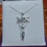 Boxed Goddess Triple Moon Pentagram Pendant on Silver Necklace