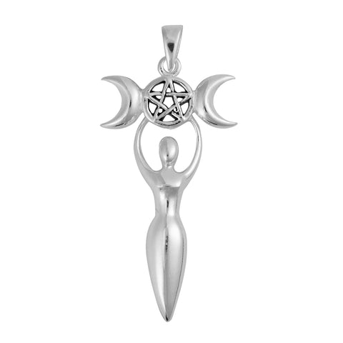 Goddess Triple Moon Pentagram Pendant on Silver Necklace