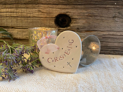 Christening Girl Hand Made Ceramic Heart Ribbon | Mystical and Magical
