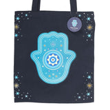 Close Up Hand of Hamsa and All Seeing Eye Blue Polycotton Tote Bag