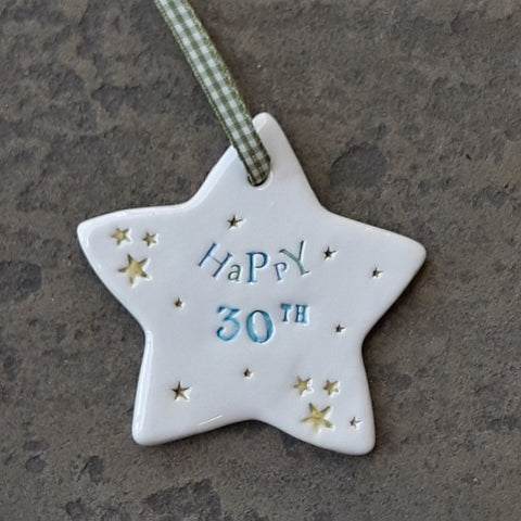 Happy 30th Ceramic Star with Hanging Ribbon Jamali Designs