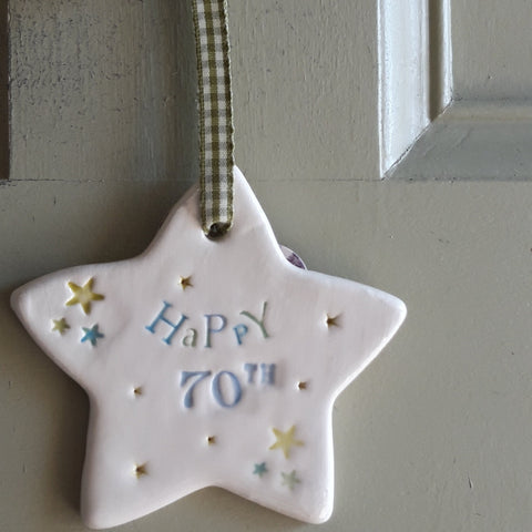 Happy 70th Ceramic Star with Hanging Ribbon
